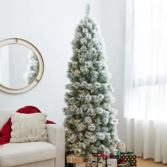 7.5ft Pre-Lit Flocked Pine Artificial Christmas Tree, Warm White LED Lights {4}