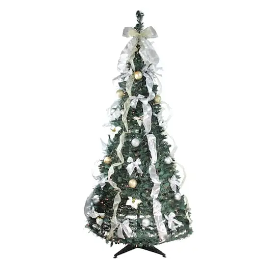 6ft. Pre-Lit Silver & Gold Decorated Pop-Up Artificial Christmas Tree, Clear Lights {1}