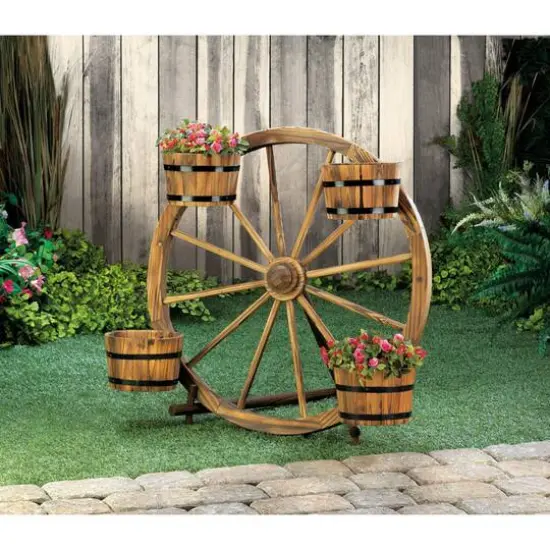 31" Wagon Wheel Barrel Planter Display {3}