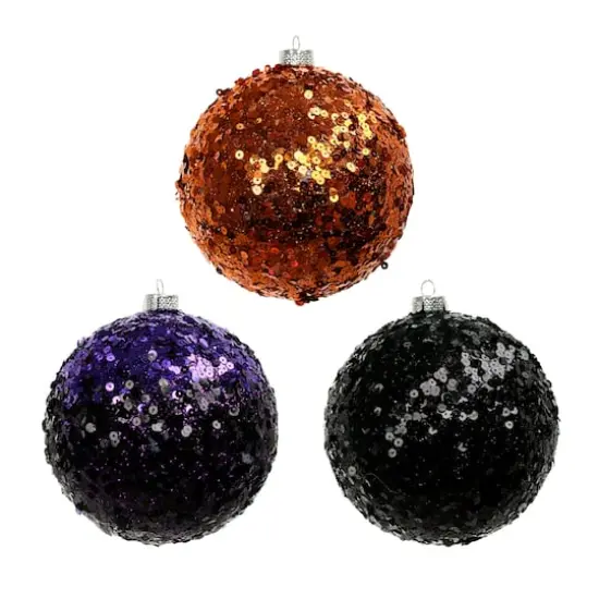 4.75" Orange, Black & Purple Sequin Plastic Ball Ornament Set by Ashland&reg; {3}