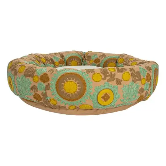 Hello Honey&reg; 24" Taupe, Green & Mint Round Floral Cotton & Sherpa Pet Bed {6}