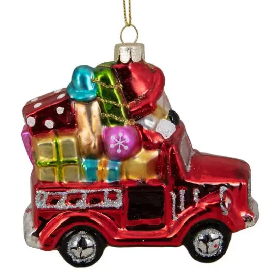 4" Red Fire Truck With Santa & Presents Glass Christmas Ornament {5}