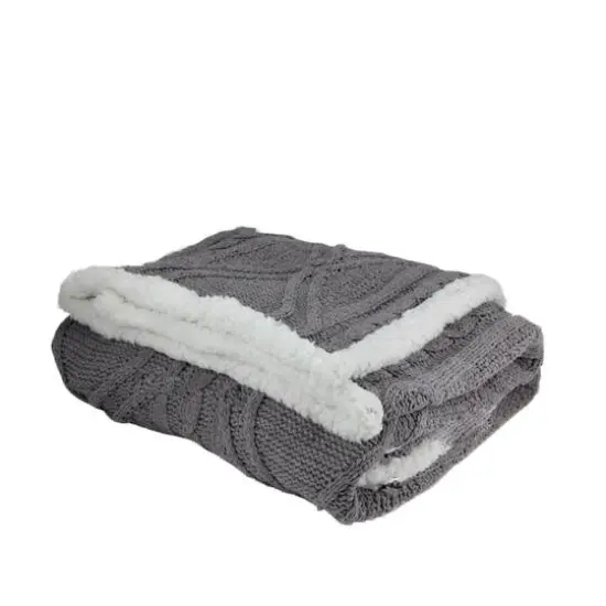 Gray & White Cable Knit Throw Blanket with Sherpa Backing {4}