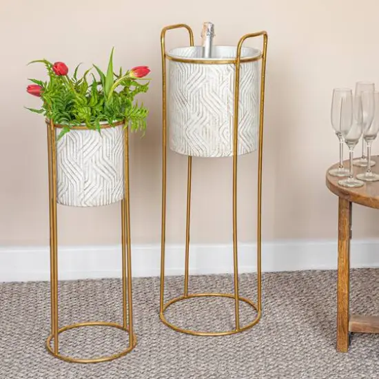 Hello Honey&reg; Cream & Gold Metal Planter Set on Stands {3}