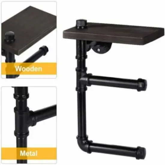 Black Wall-Mounted Double Toilet Paper Holder with Wooden Shelf {4}