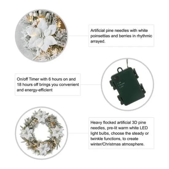 Glitzhome&reg; 24" Pre-Lit Snow Flocked Greenery Pine Poinsettia Christmas Wreath {7}