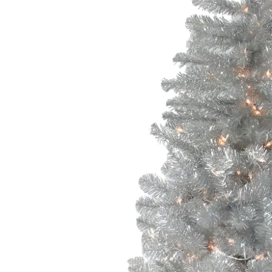 4.5ft. Pre-Lit Silver Metallic Tinsel Artificial Christmas Tree, Clear Lights {5}