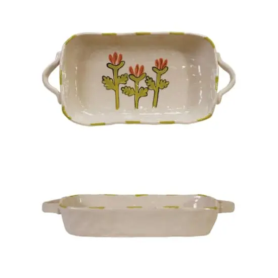Hello Honey 12-Ounce Hand-Painted Stoneware Organic Shaped Baker with Handles and Flower, Multicolor {1}