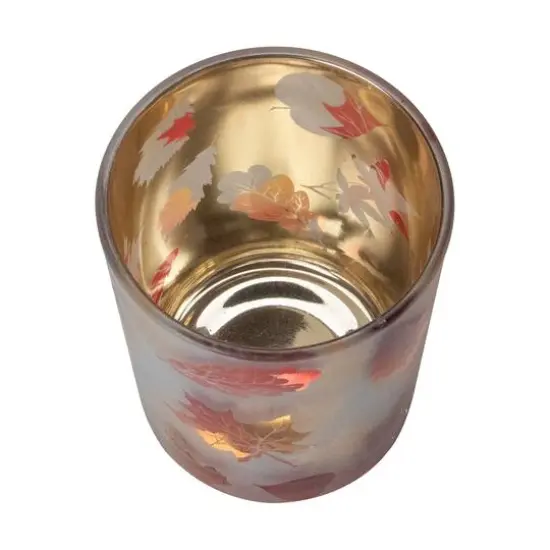 5" Matte White & Gold Autumn Leaves Flameless Glass Candle Holder {3}