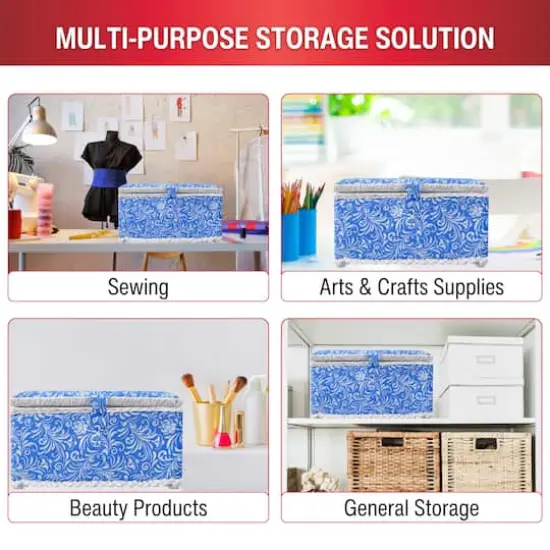 SINGER&reg; Large Blue Deliah Scroll Print Sewing Basket with Sewing Scissors & Notions {9}