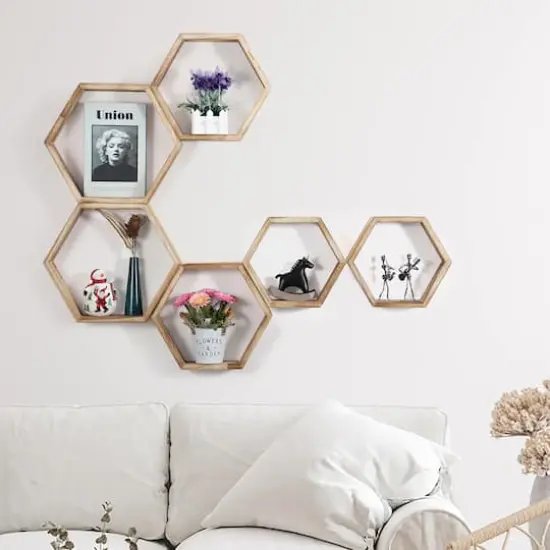 NEX&trade; Light Brown Hexagon Floating Wood Shelves Set {6}
