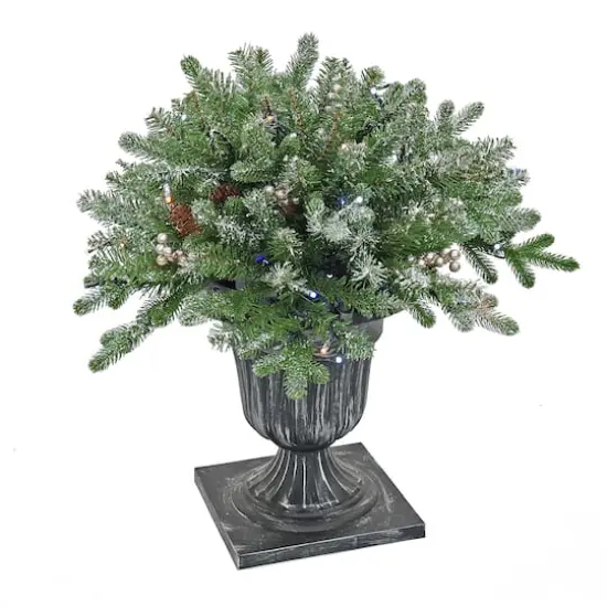 24" Feel Real&reg; Snowy Morgan Spruce Porch Bush in Silver Brushed Plastic Urn with Cones & Champagne Berries {1}