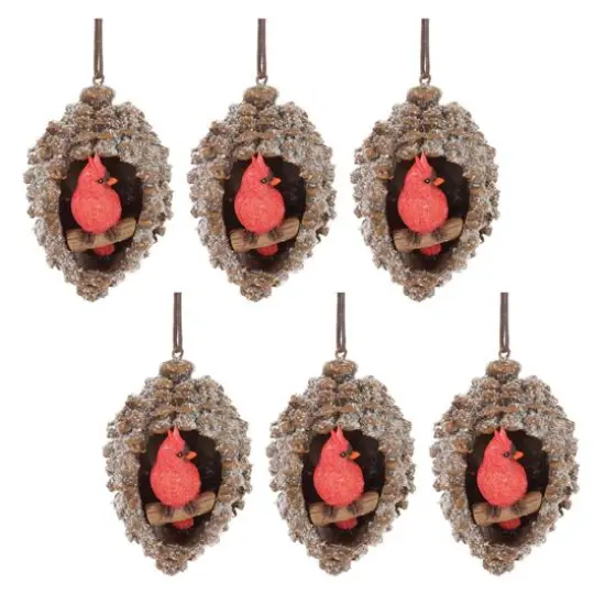 6" Frosted Pinecone Cardinal Ornaments, 6ct. {1}