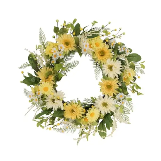 24" White & Yellow Mum & Daisy Floral Spring Wreath {1}