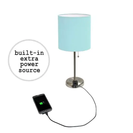 LimeLights 19.5" Stick Lamp with Charging Outlet and Fabric Shade Brushed Steel and Aqua {8}