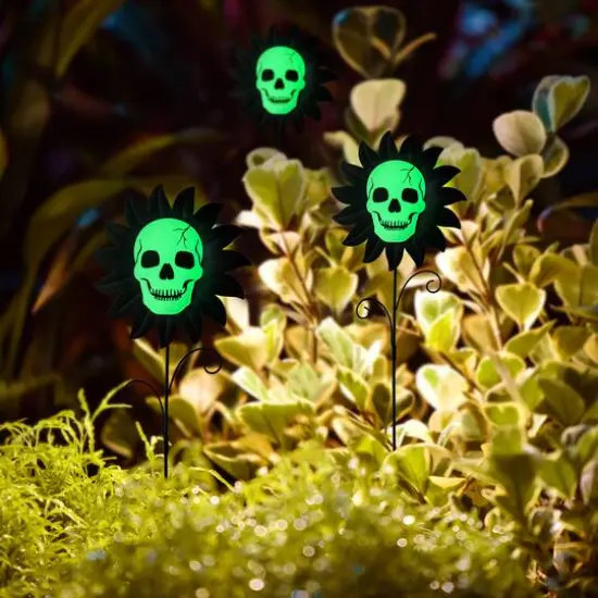 Glitzhome&reg; 24" Halloween Metal Sunflower Skulls Glow-in-Dark Yard Stakes, 3ct. {6}