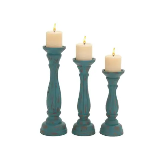 Blue Wood Traditional Candle Holder Set {1}