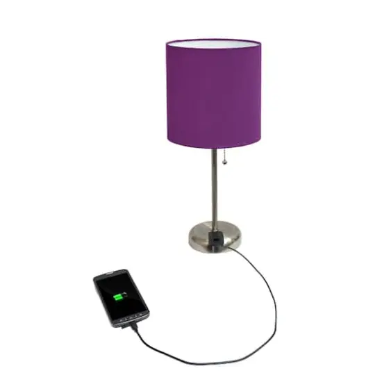 LimeLights 19.5" Stick Lamp with Charging Outlet and Fabric Shade Brushed Steel and Purple {6}
