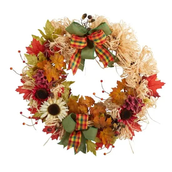 30" Harvest Autumn Sunflower, Maple Leaves & Berries Fall Wreath {1}