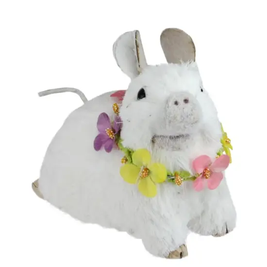 6" White Sisal Piglet with Floral Lei Easter Figure {3}