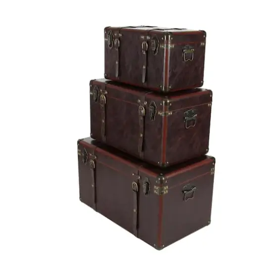 Set of 3" Brown Leather Traditional Trunk, 19", 24", 27" {5}