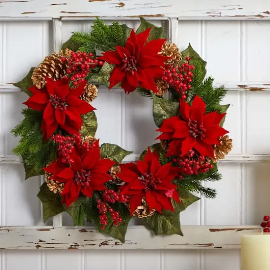 24" Poinsettia, Berry and Golden Pinecone Artificial Wreath {5}