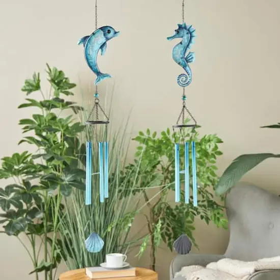 Blue Sea Life Metal Dolphin & Seahorse Windchime with Dangling Seashells Set {3}