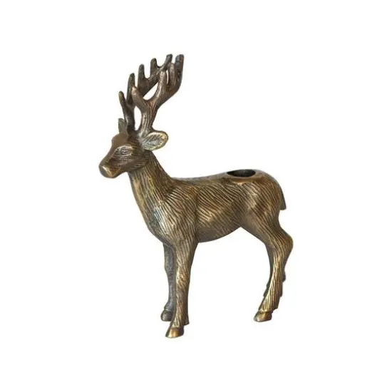 Hello Honey® 8.5" Antique Gold Finish Cast Aluminum Reindeer Taper Candleholder {4}