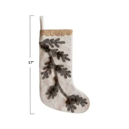 Hello Honey&reg; 17" Handmade Wool Felt Stocking with Appliqued Branch, Pom Poms & Scalloped Trim {4}