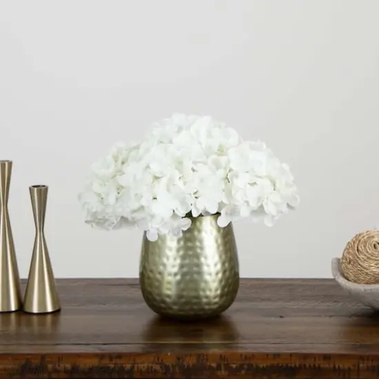 11" White Hydrangea Arrangement in Gold Metal Vase {3}