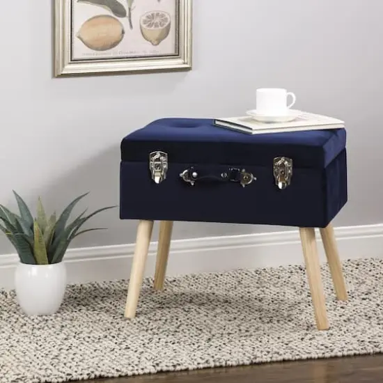Glitzhome&reg; Velvet Upholstered Storage Stool Navy Blue {3}