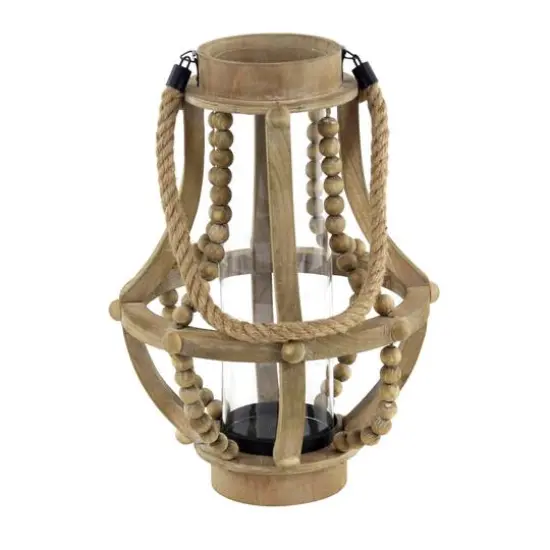 Beige Recycled Wood Farmhouse LED Lantern, 16" x 10" x 10" {3}