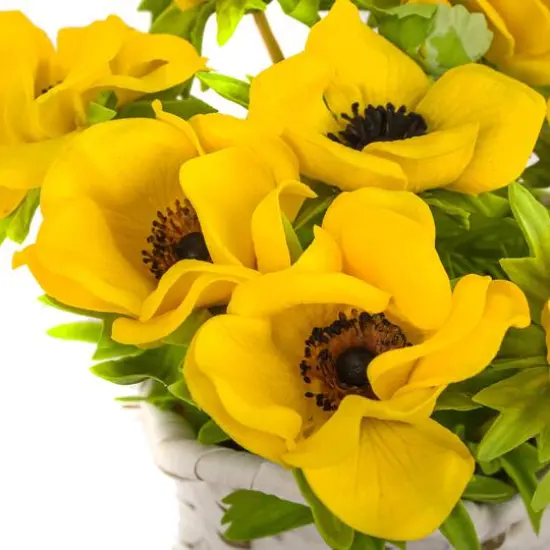 10" Anemone Flower Bouquet In White Basket Yellow {5}