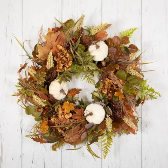 26" White Pumpkins & Leaves Fall Harvest Wreath {5}