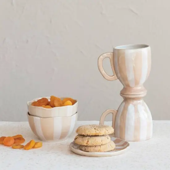 Hello Honey® 14oz. Brown & White Stripe Hand-Painted Stoneware Footed Mug, 4ct. {4}