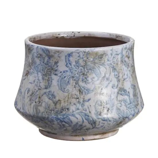 8.7" Blue & White Distressed Floral Terra Cotta Pot  {1}