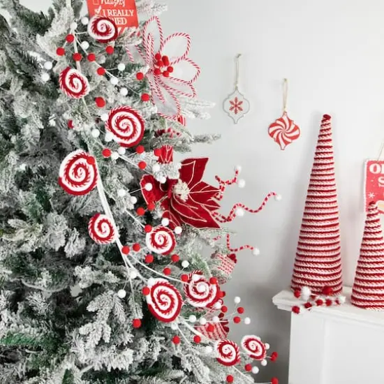 2.5ft. Red & White Striped Candy Cane Swirls and Pom Poms Christmas Garland {4}