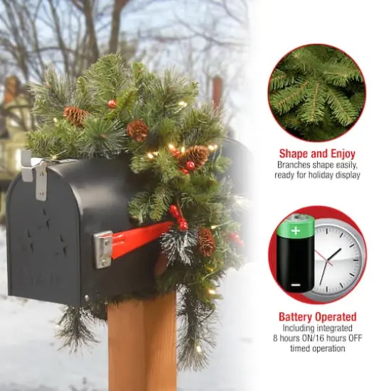 3ft. Pre-lit Crestwood Spruce Artificial Christmas Mailbox Cover with Silver Bristle, Cones, Red Berries, Glitter and Warm White LED Lights {7}