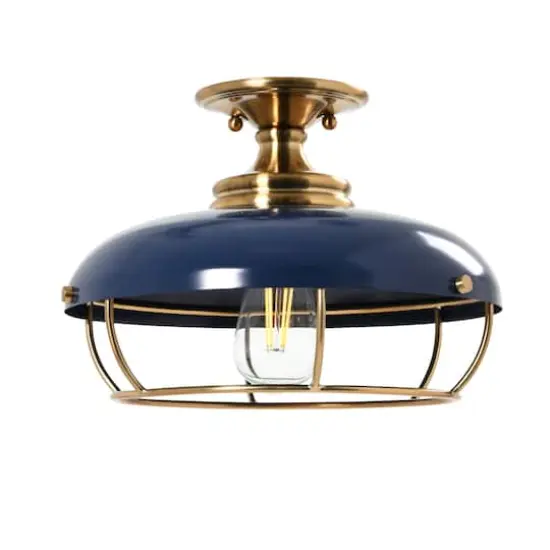 Hello Honey&reg; 13" Wide Caged Dome Metal Semi-Flush Mount Ceiling Light Brushed Brass and Navy Blue {4}
