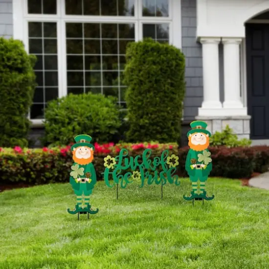 Glitzhome&reg; 26" St. Patrick's Metal Leprechaun & Luck of the Irish Yard Stake Set {4}