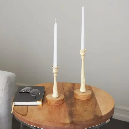 Cream Metal Textured Tapered Taper Candle Holder with Brown Wood Bases Set {3}