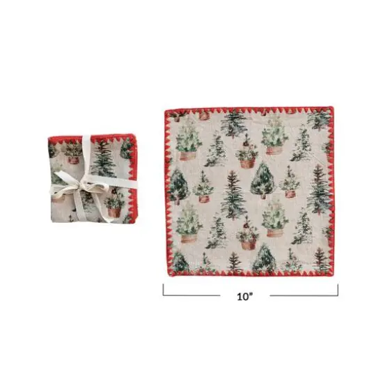Hello Honey&reg; 10" Multicolor Cotton Printed Cocktail Napkins with Trees Pattern & Red Stitched Edge, 4ct. {5}