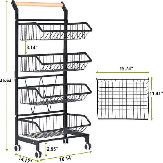 Black 4 Tier Fruit Vegetable Storage Basket Rolling Cart {6}