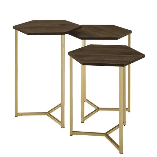Walker Edison Dark Walnut/Gold Hexagon Modern Nesting Tables Set {1}