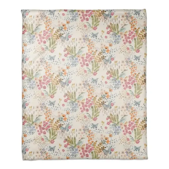 Butterfly Bird Floral Coral Fleece Blanket White {1}