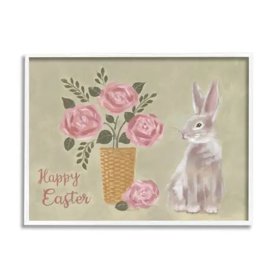 Stupell Industries Happy Easter Bunny Rose Bouquet Framed Giclee Art White {1}