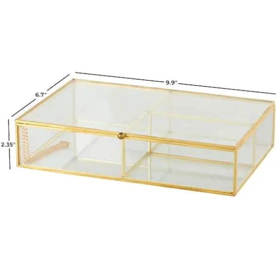 10" x 7" x 2" Clear & Gold 3-Slot Glass & Metal Jewelry Box with Chain Accent {5}