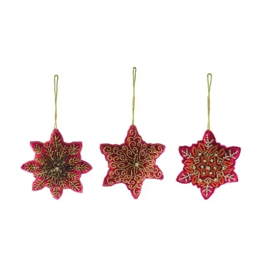 Hello Honey&reg; 3 Pack 4.75" Red & Gold Bead Embroidered Snowflake Cotton Velvet Ornaments {1}