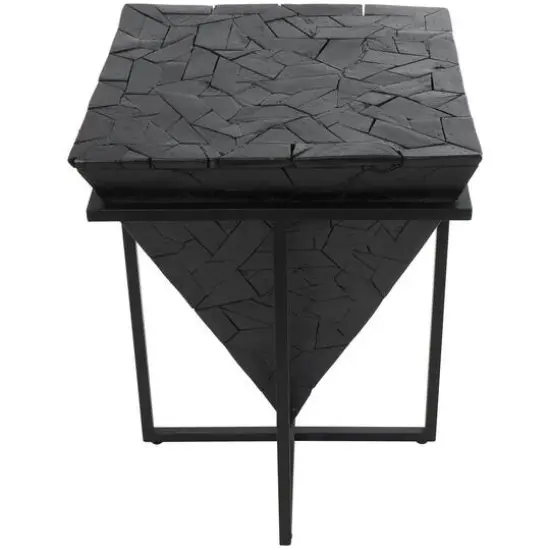 22" Black Teak Wood Geometric Handmade Inverted Pyramid Accent Table with Black Metal Base {4}