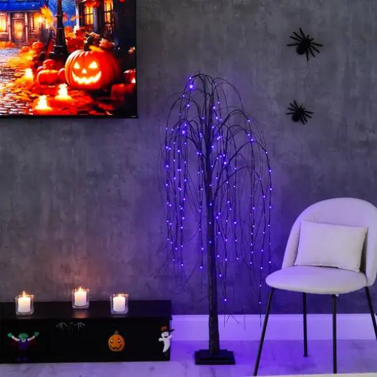 5ft. Orange & Purple LED Pre-Lit Halloween Black Willow Artificial Fall Tree {11}